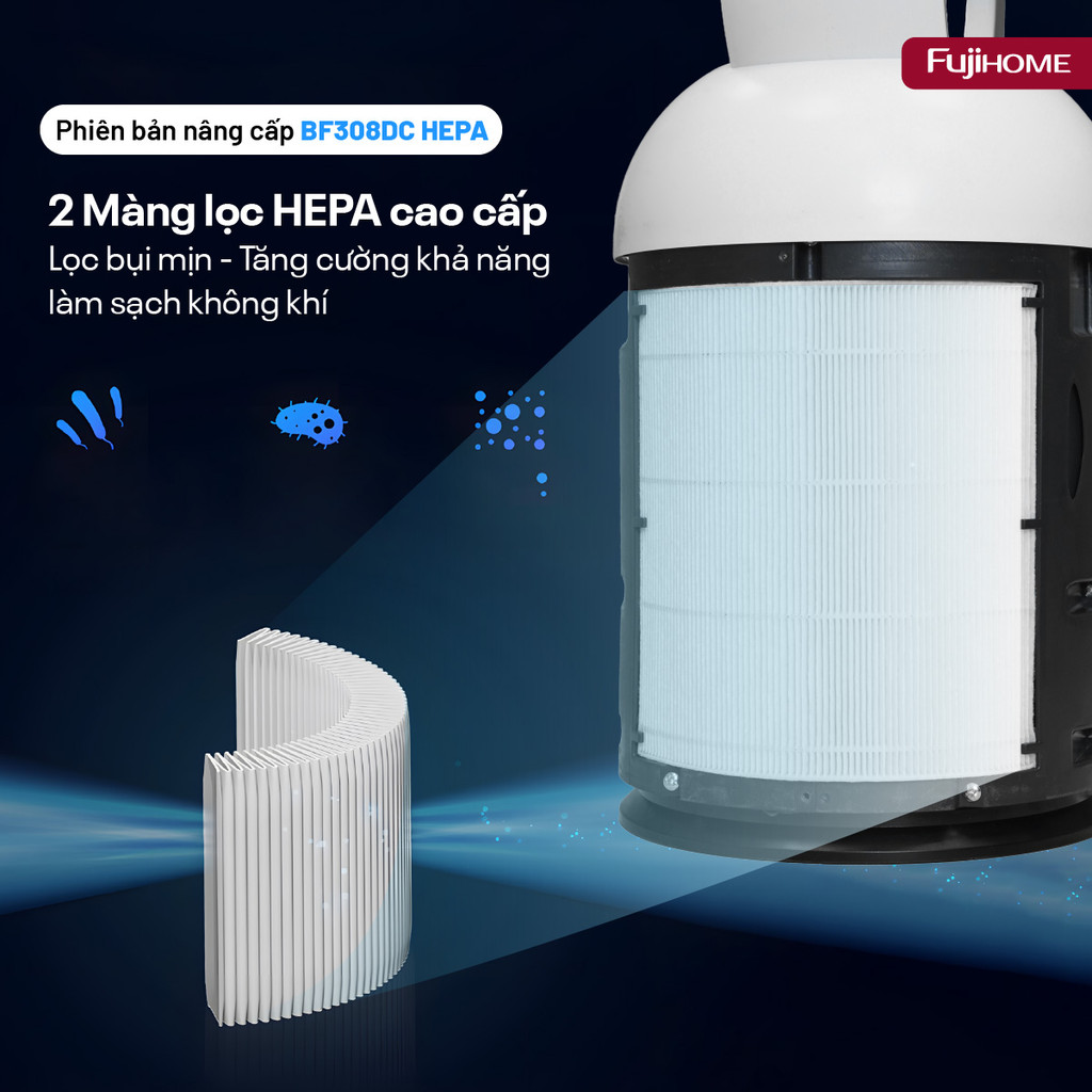 Quạt không cánh ion âm lọc không khí HEPA thông minh Nhập Khẩu FUJIHOME BF308DC-HEPA 24 cấp gió