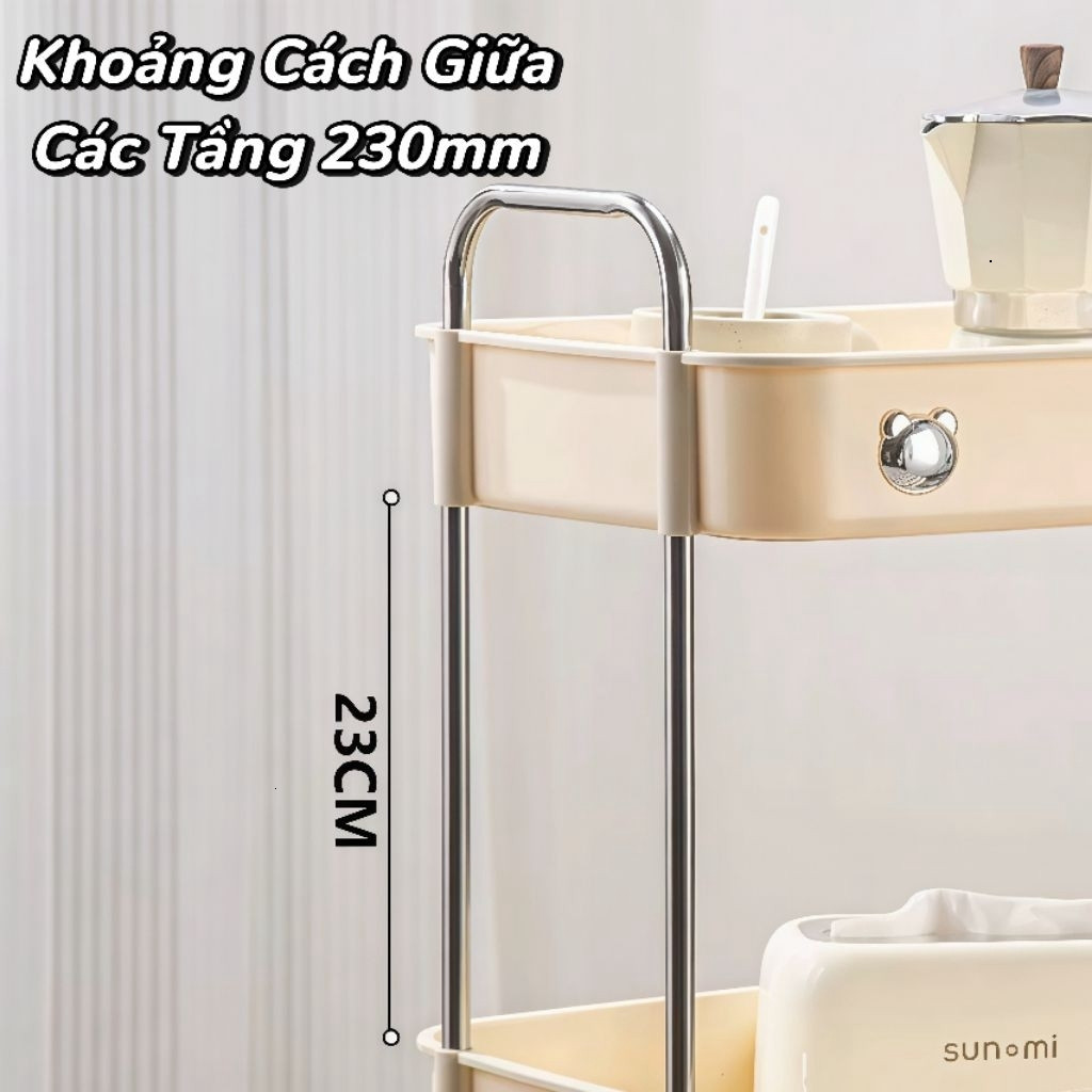Kệ Gấu Sunmix 3 Tầng Đựng Đồ Đa Năng, Kệ Để Đồ Khay Nhựa Cao Cấp Khung Inox,Có Bánh Xe Và Tay Cầm