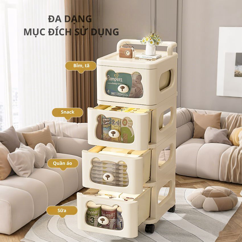 Kệ Gấu KIMO Đựng Đồ Đa Năng 3/4/5 Tầng Có Bánh Xe 360 độ, Tủ Gấu Nhiều Ngăn Đựng Bỉm Sữa Quần Áo Cho Bé