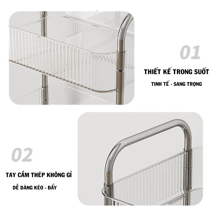 Kệ Nhựa Trong Suốt 3/4 Tầng, Kệ Spa Đa Năng, Giá Đựng Đồ Trong Suốt Có Bánh Xe, Kệ Xe Đẩy Cao Cấp