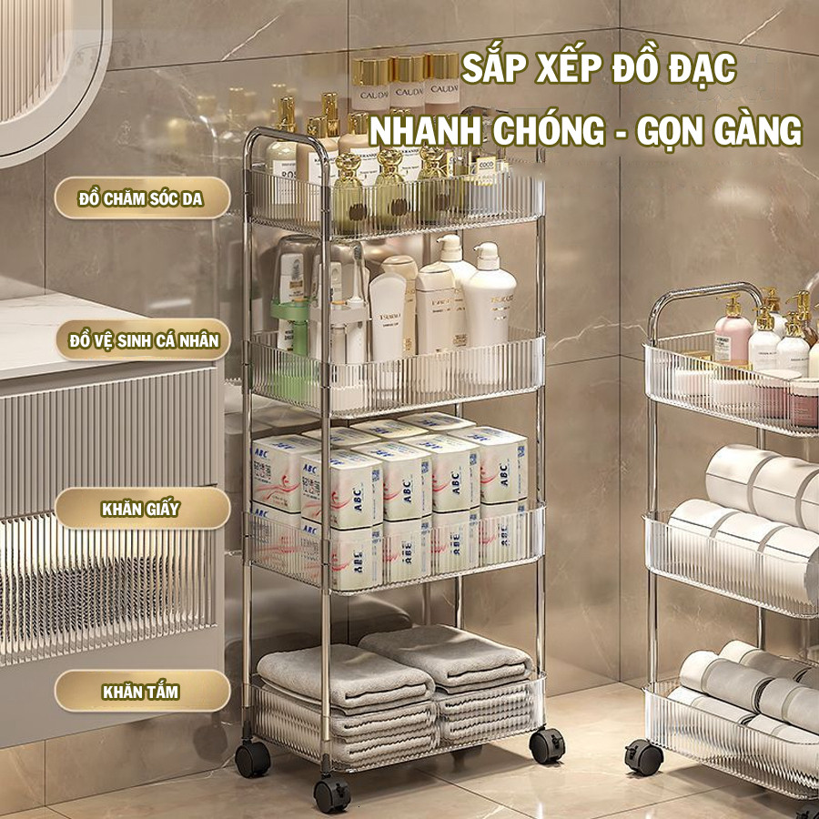 Kệ Nhựa Trong Suốt 3/4 Tầng, Kệ Spa Đa Năng, Giá Đựng Đồ Trong Suốt Có Bánh Xe, Kệ Xe Đẩy Cao Cấp