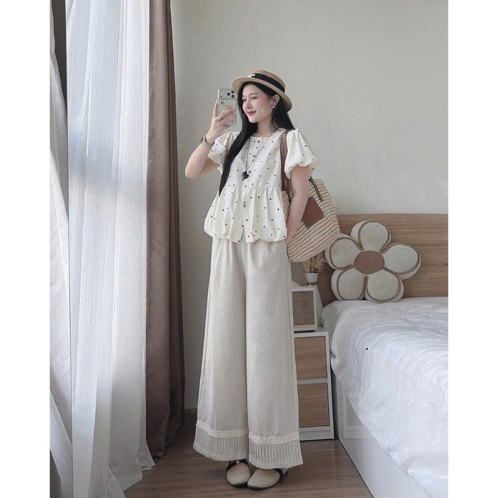 Set bộ dài - Set bộ đáng iu, thanh lịch cho nàng dạo phố,set tuyết mưa áo bí họa tiết chấm bi cổ tròn tay bồng+quần suôg