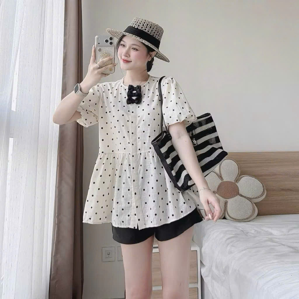 Set bộ đùi - Set bộ ngắn đáng iu, dễ thương cho nàng dạo phố, set mango áo cổ tròn chấm bi tay búp đính nơ + quần short