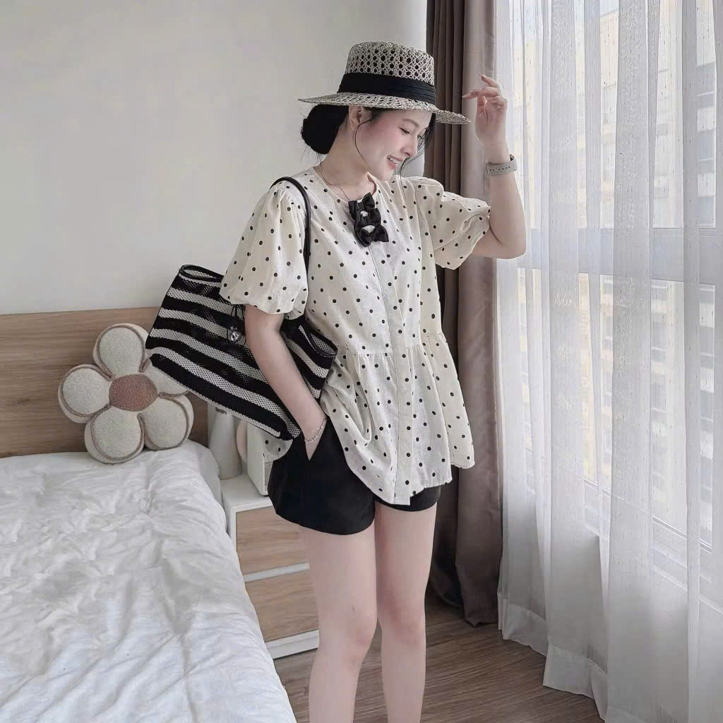 Set bộ đùi - Set bộ ngắn đáng iu, dễ thương cho nàng dạo phố, set mango áo cổ tròn chấm bi tay búp đính nơ + quần short
