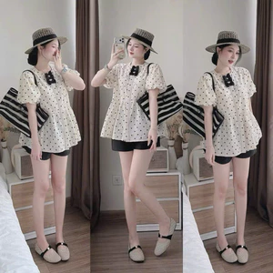 Set bộ đùi - Set bộ ngắn đáng iu, dễ thương cho nàng dạo phố, set mango áo cổ tròn chấm bi tay búp đính nơ + quần short