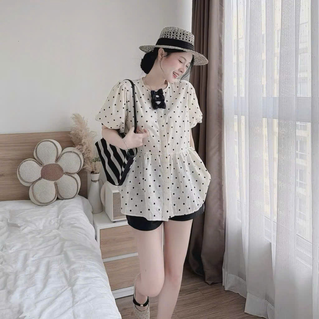 Set bộ đùi - Set bộ ngắn đáng iu, dễ thương cho nàng dạo phố, set mango áo cổ tròn chấm bi tay búp đính nơ + quần short