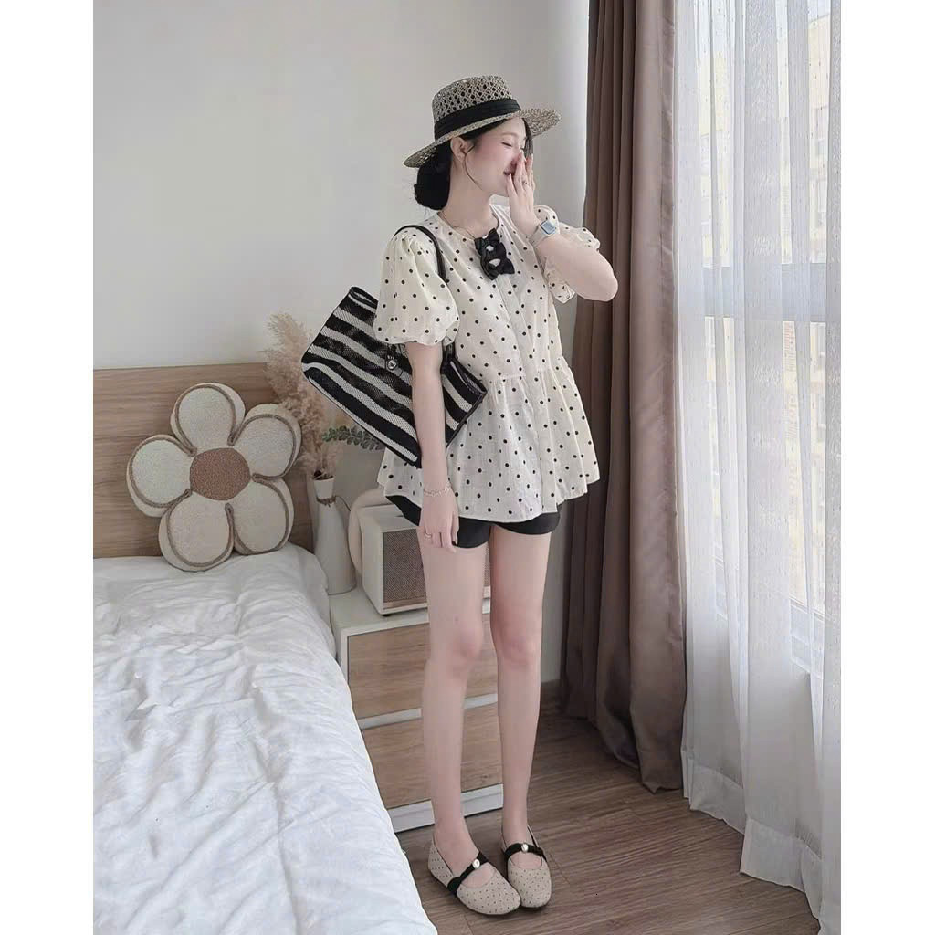 Set bộ đùi - Set bộ ngắn đáng iu, dễ thương cho nàng dạo phố, set mango áo cổ tròn chấm bi tay búp đính nơ + quần short