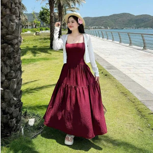 Set đầm khoác - Đầm tiểu thư cho nàng dạo biển chụp ảnh, đầm 2 dây đũi xốp có mút dáng xòe dài tầng kèm khoác thun giấy