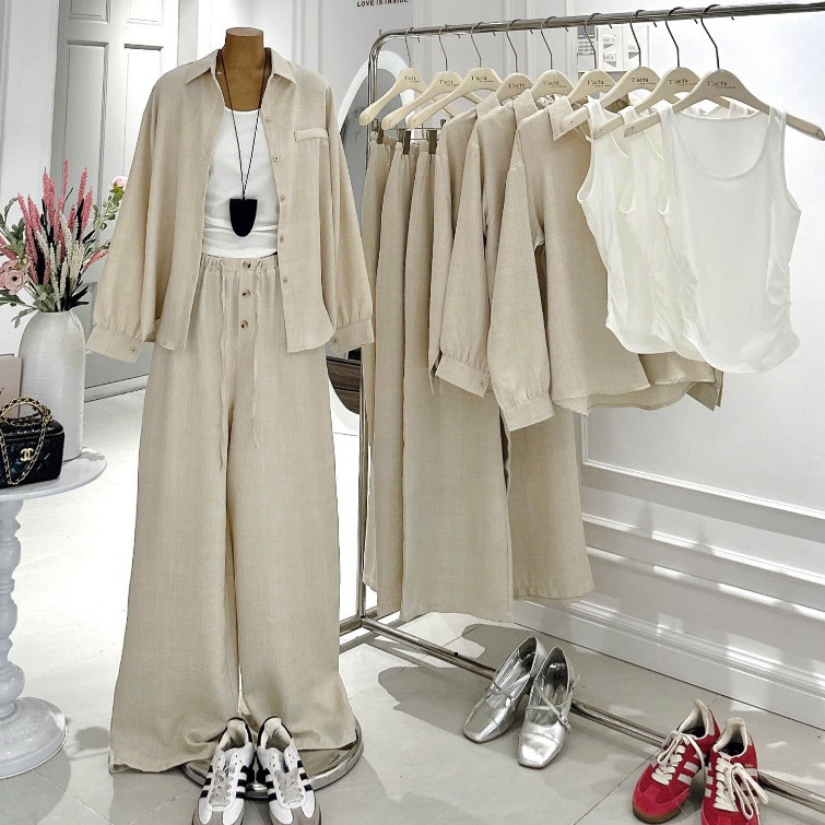Set thiết kế 3 món: Sơ mi nude oversize TD + áo 3 lỗ + quần suông