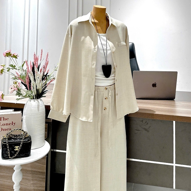Set thiết kế 3 món: Sơ mi nude oversize TD + áo 3 lỗ + quần suông