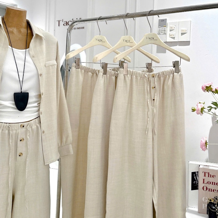 Set thiết kế 3 món: Sơ mi nude oversize TD + áo 3 lỗ + quần suông