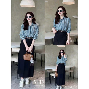 Set váy thanh lịch áo sơ mi sọc dài tay vải lụa mịn mix chân váy kaki dáng chữ A dài (KÈM ĐAI) hợp mặc đi làm đi chơi