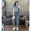 Set bộ thời trang nữ chất Jeans Quảng Châu chuẩn vải dày cao cấp cổ sơmi tay ngắn phối quần dài ống rộng có dây rút eo