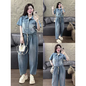 Set bộ thời trang nữ chất Jeans Quảng Châu chuẩn vải dày cao cấp cổ sơmi tay ngắn phối quần dài ống rộng có dây rút eo