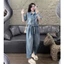 Set bộ thời trang nữ chất Jeans Quảng Châu chuẩn vải dày cao cấp cổ sơmi tay ngắn phối quần dài ống rộng có dây rút eo