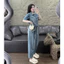 Set bộ thời trang nữ chất Jeans Quảng Châu chuẩn vải dày cao cấp cổ sơmi tay ngắn phối quần dài ống rộng có dây rút eo