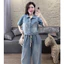 Set bộ thời trang nữ chất Jeans Quảng Châu chuẩn vải dày cao cấp cổ sơmi tay ngắn phối quần dài ống rộng có dây rút eo