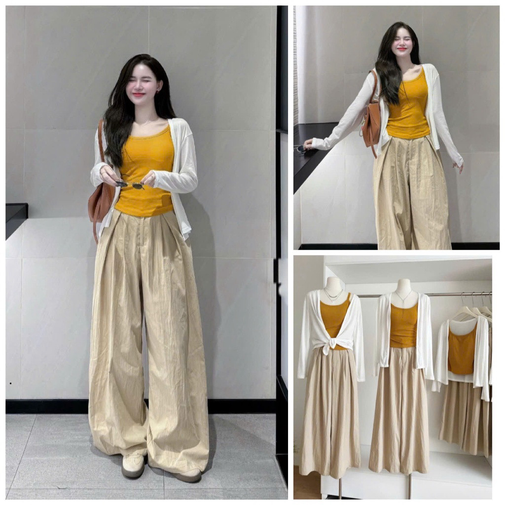 Set Bộ Đồ Nữ Áo Khoác Croptop Kèm Áo 2 Dây Phối Quần Suông Style Basic Diện Đi Chơi, Dạo Phố Siêu Xinh