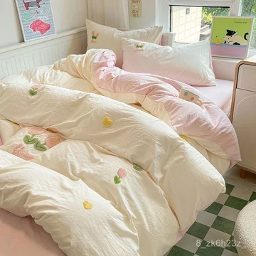 ins Bộ chăn ga gối cotton thêu khăn - Bộ bốn món gồm ga trải giường, vỏ chăn và ga bọc đệm - Bộ chăn ga gối ba món dành
