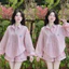 Set bộ đồ Nữ cá tính năng động chất lụa kẻ sọc áo sơ mi dài tay bo chun cổ tay có túi mix quần đùi 2 lớp dày dặn