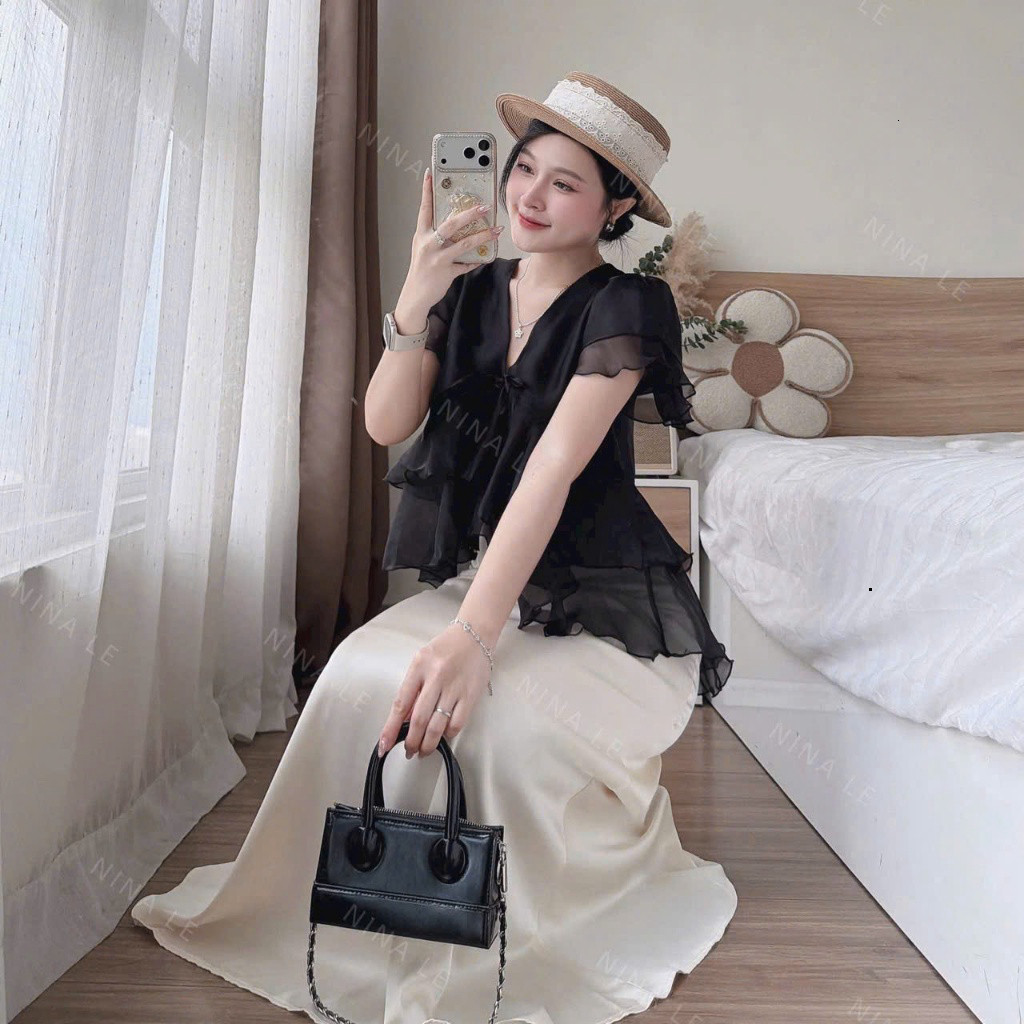 Set váy thời trang nữ áo chất voan bèo sành điệu kiểu cổ V phối váy tuyết nhung mịn suông dài sang chảnh