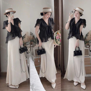 Set váy thời trang nữ áo chất voan bèo sành điệu kiểu cổ V phối váy tuyết nhung mịn suông dài sang chảnh