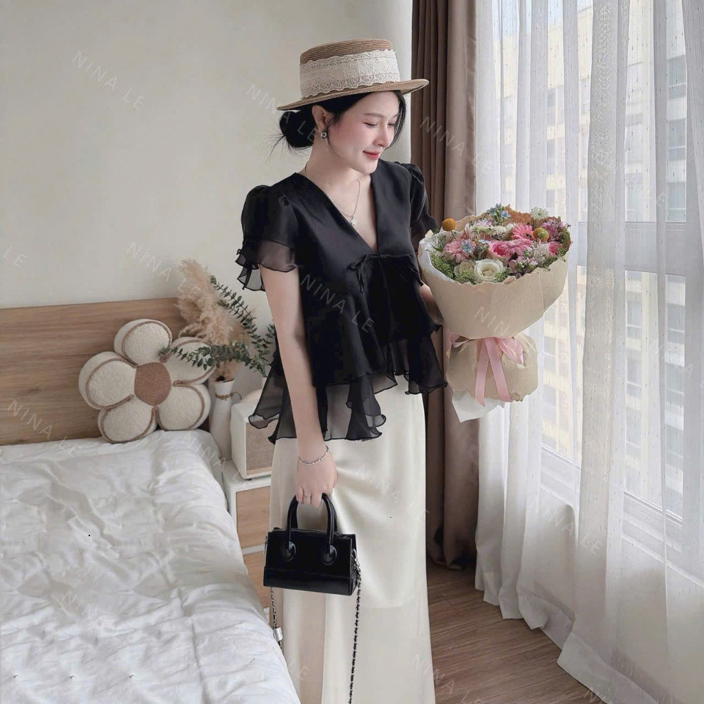 Set váy thời trang nữ áo chất voan bèo sành điệu kiểu cổ V phối váy tuyết nhung mịn suông dài sang chảnh