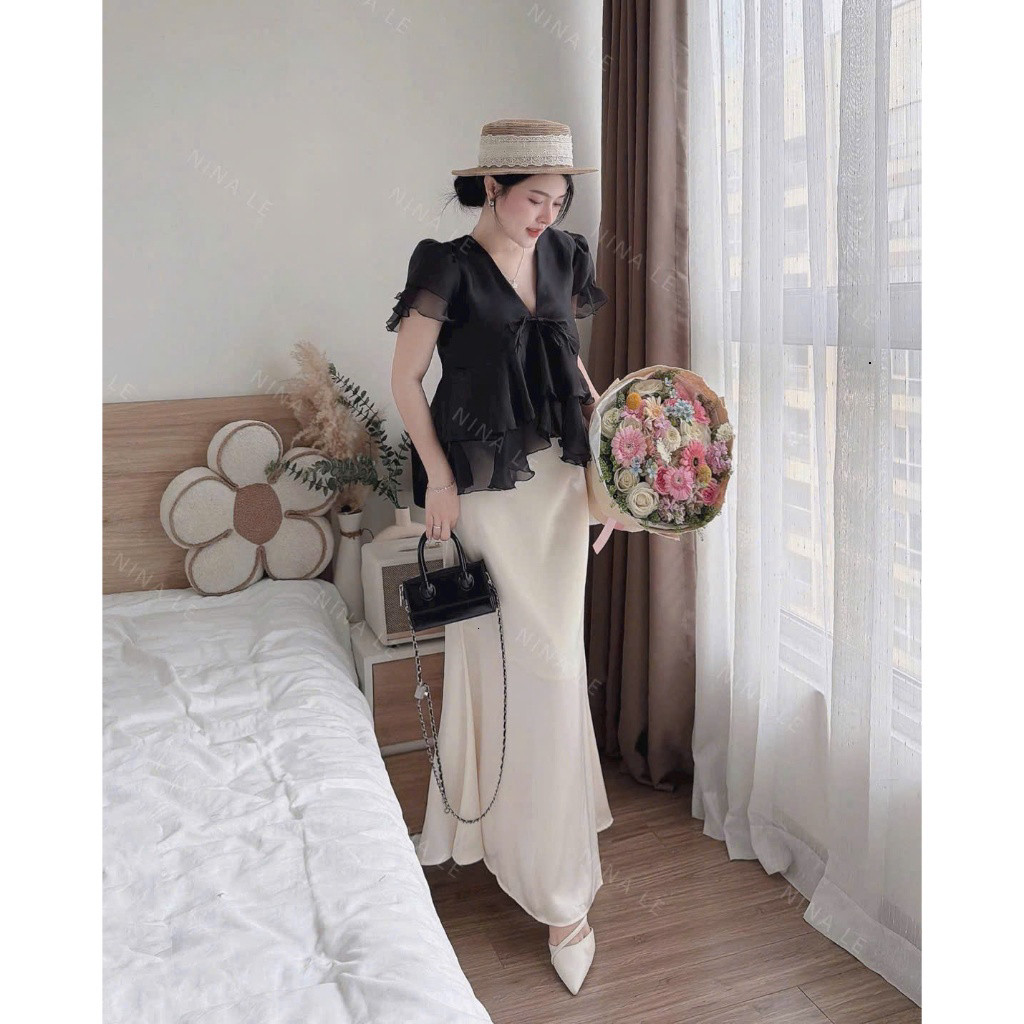 Set váy thời trang nữ áo chất voan bèo sành điệu kiểu cổ V phối váy tuyết nhung mịn suông dài sang chảnh