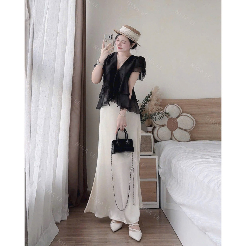 Set váy thời trang nữ áo chất voan bèo sành điệu kiểu cổ V phối váy tuyết nhung mịn suông dài sang chảnh