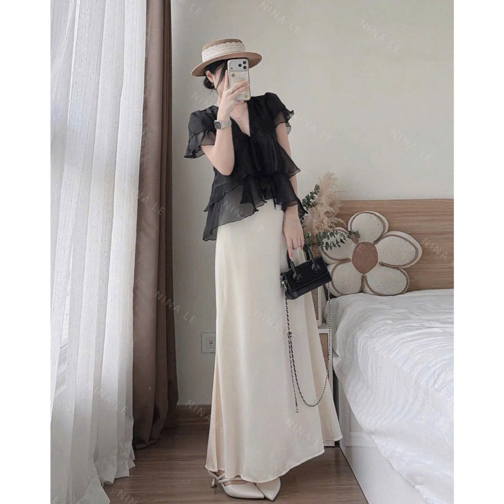 Set váy thời trang nữ áo chất voan bèo sành điệu kiểu cổ V phối váy tuyết nhung mịn suông dài sang chảnh