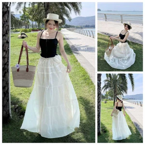 Set váy hai dây phối ren phối chân váy voan đính bông dáng dài chuẩn hình