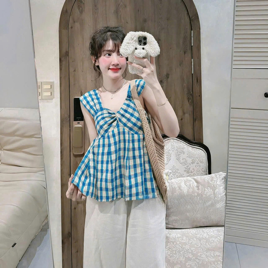 Set áo 2 dây bảng to dáng xòe họa tiết caro xanh hoa nhí phối quần suông, Set bộ nữ đi chơi nhẹ nhàng