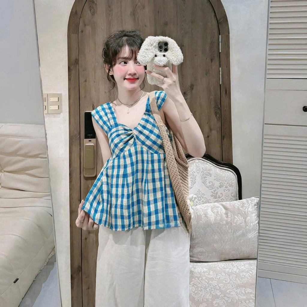 Set áo 2 dây bảng to dáng xòe họa tiết caro xanh hoa nhí phối quần suông, Set bộ nữ đi chơi nhẹ nhàng