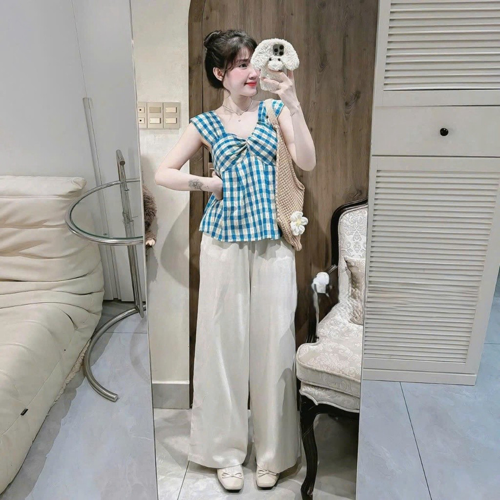 Set áo 2 dây bảng to dáng xòe họa tiết caro xanh hoa nhí phối quần suông, Set bộ nữ đi chơi nhẹ nhàng