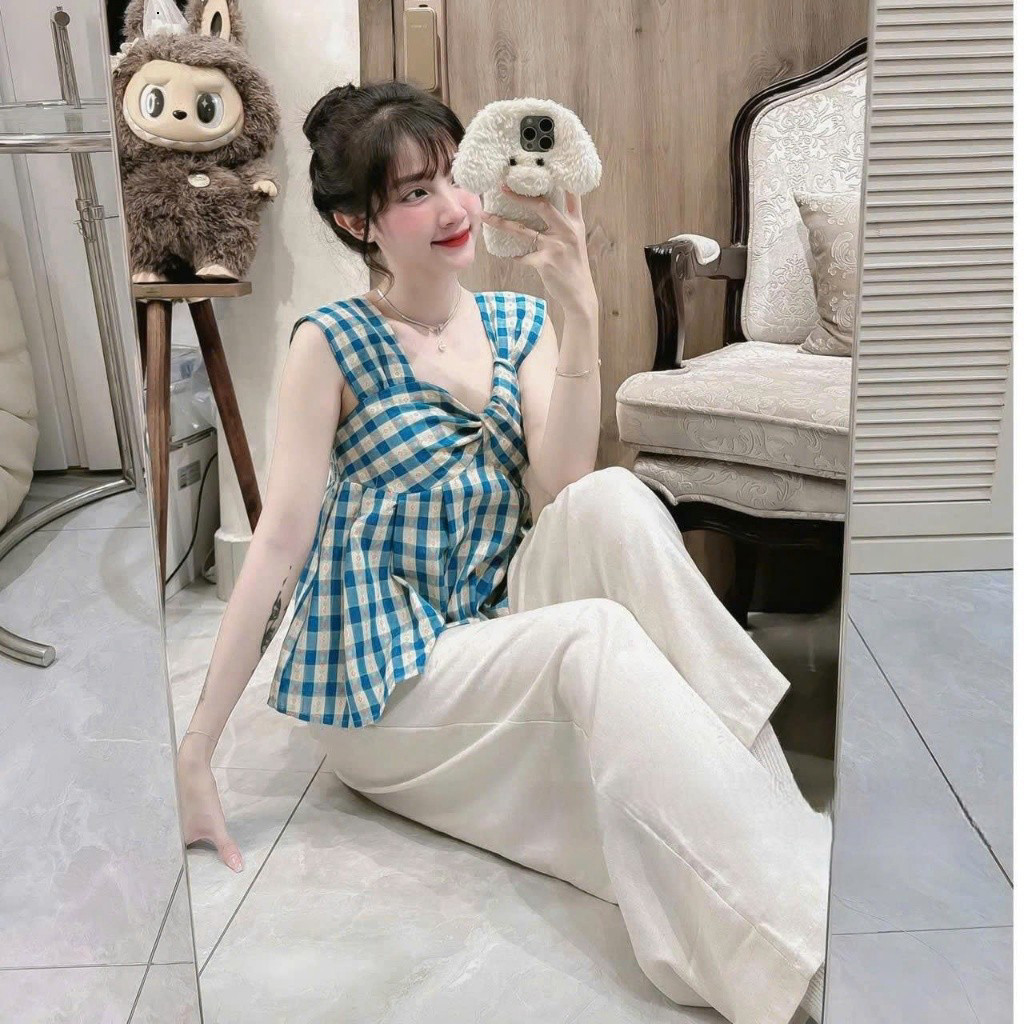 Set áo 2 dây bảng to dáng xòe họa tiết caro xanh hoa nhí phối quần suông, Set bộ nữ đi chơi nhẹ nhàng