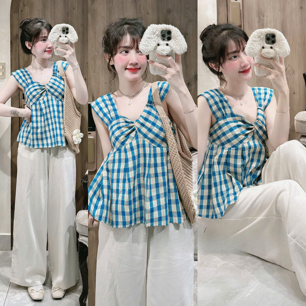 Set áo 2 dây bảng to dáng xòe họa tiết caro xanh hoa nhí phối quần suông, Set bộ nữ đi chơi nhẹ nhàng
