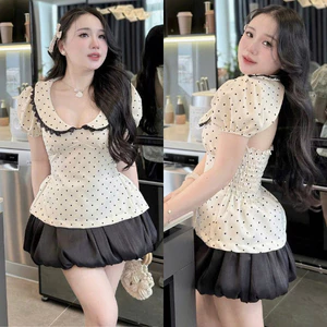 Set tiểu thư áo Mango bi hở lưng cột nơ tay bồng cổ bèo phối Ren, chân váy Bí mini Tơ ánh kim có lót