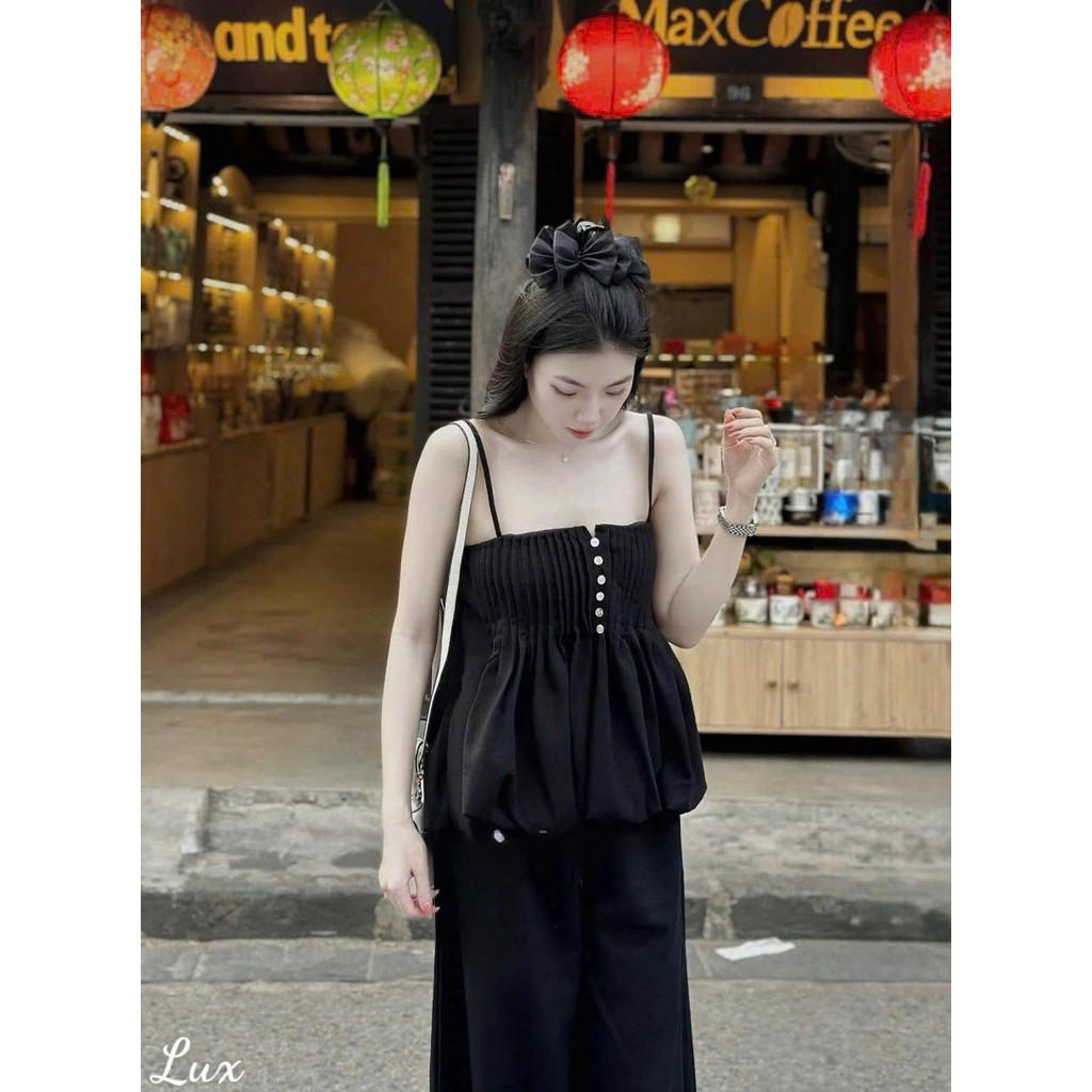 Set Bộ Gió Nhăn Áo Hai Dây Babydoll Xoè Xếp Ly Nút + Quần Ống Xuông Rộng Lưng Chun