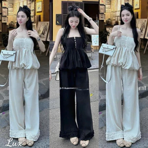 Set Bộ Gió Nhăn Áo Hai Dây Babydoll Xoè Xếp Ly Nút + Quần Ống Xuông Rộng Lưng Chun