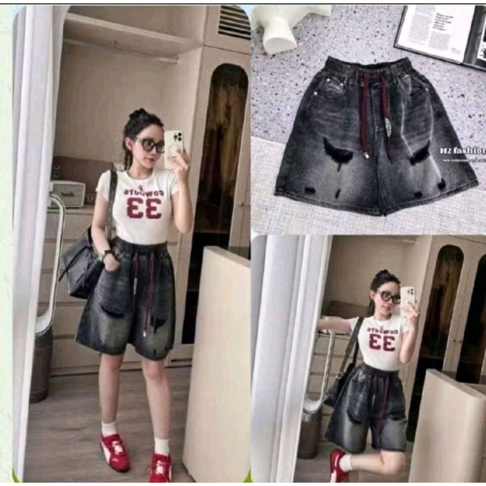 [ 38-105kg ] Quần Ngố Jean Nữ Chất Bò Mềm Hàng QC Phối Dây Đỏ