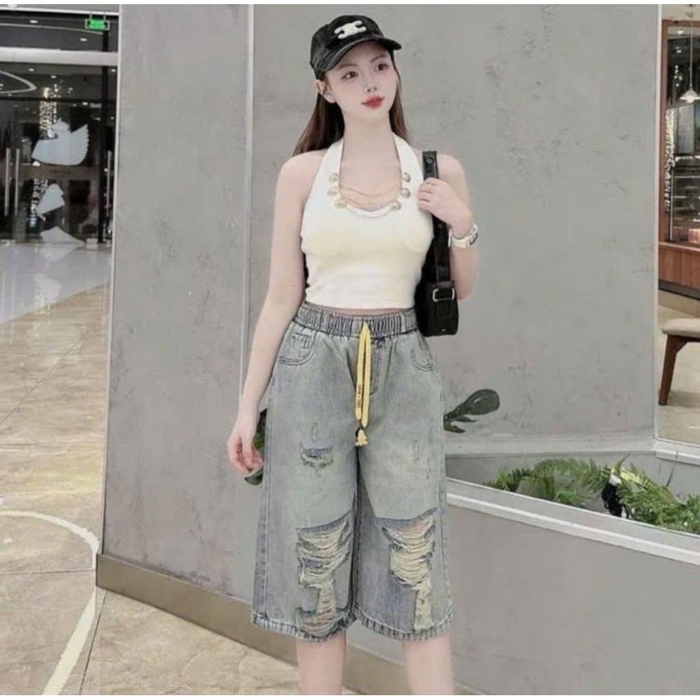 Quần Lửng Nữ Chất Bò Thổ Bản Rách To 38-75kg Lửng Qua Gối Cá Tính Dành Cho Nữ Thiết Kế Độc Đáo