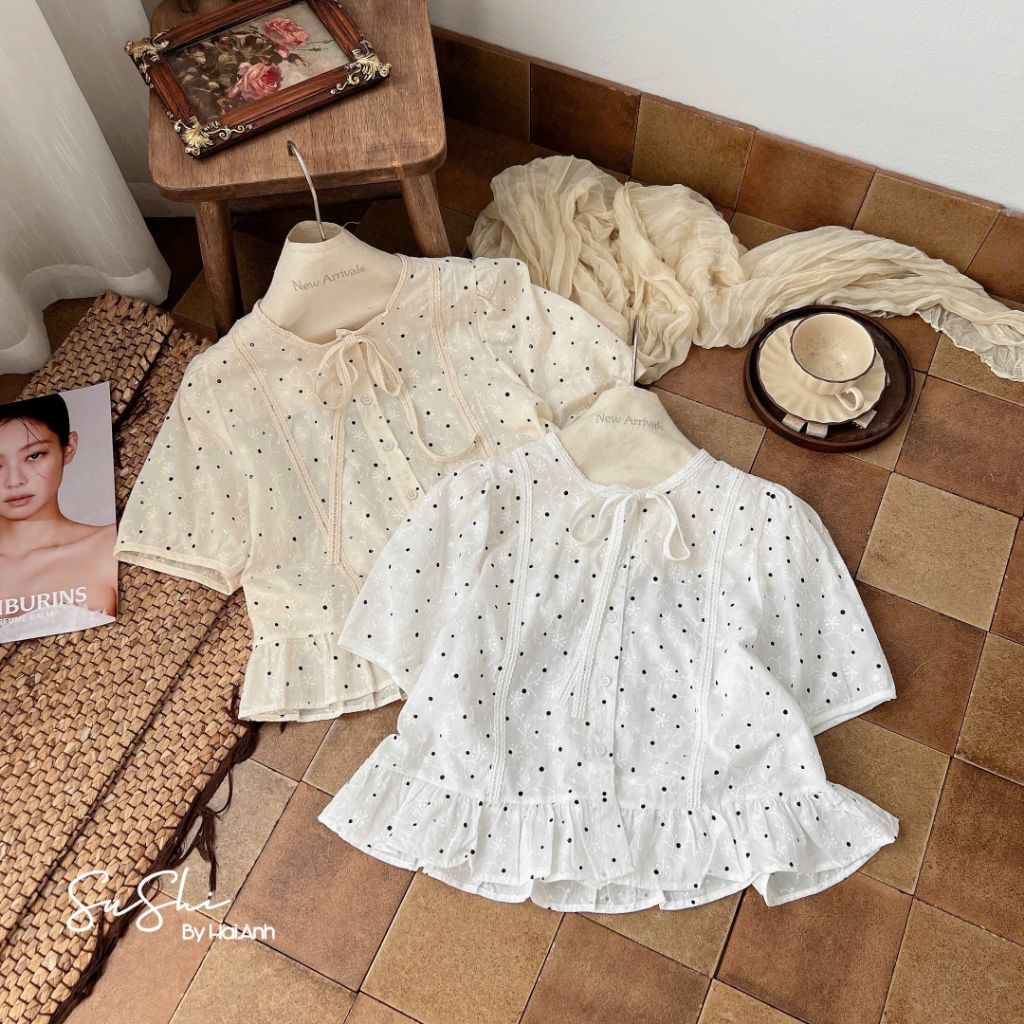 [𝑯𝒂 𝑨𝒏𝒉] Áo Sơ Mi Cộc Chấm Bi Buộc Nơ QCL1