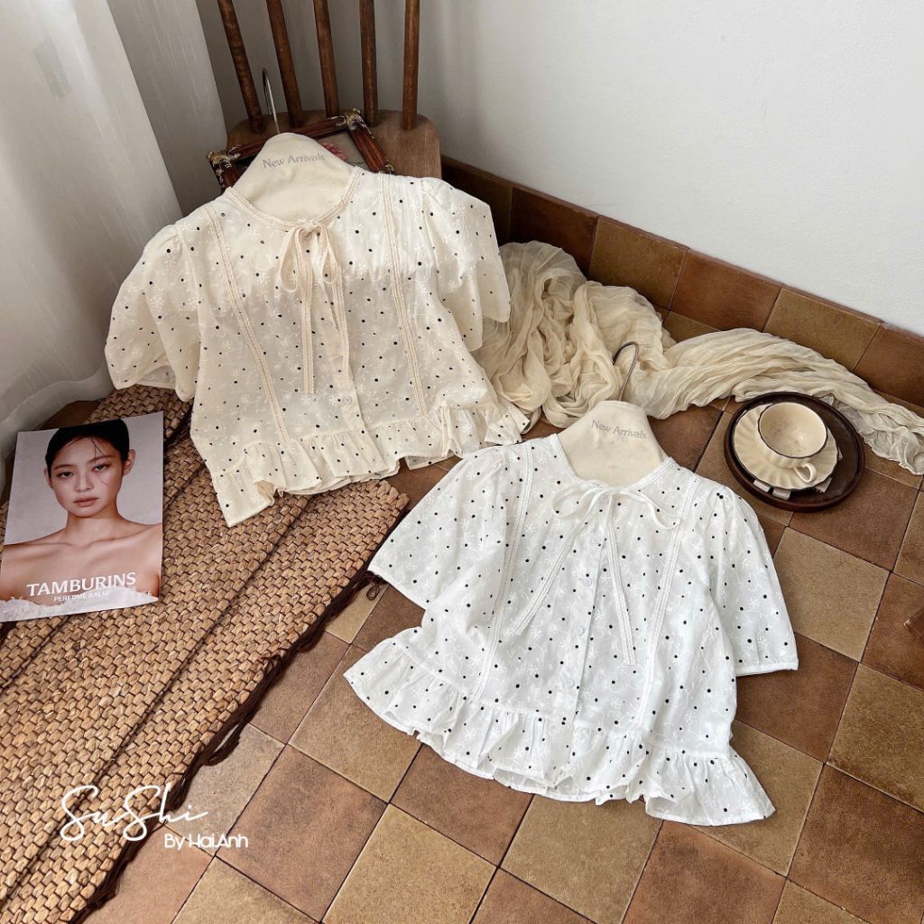 [𝑯𝒂 𝑨𝒏𝒉] Áo Sơ Mi Cộc Chấm Bi Buộc Nơ QCL1