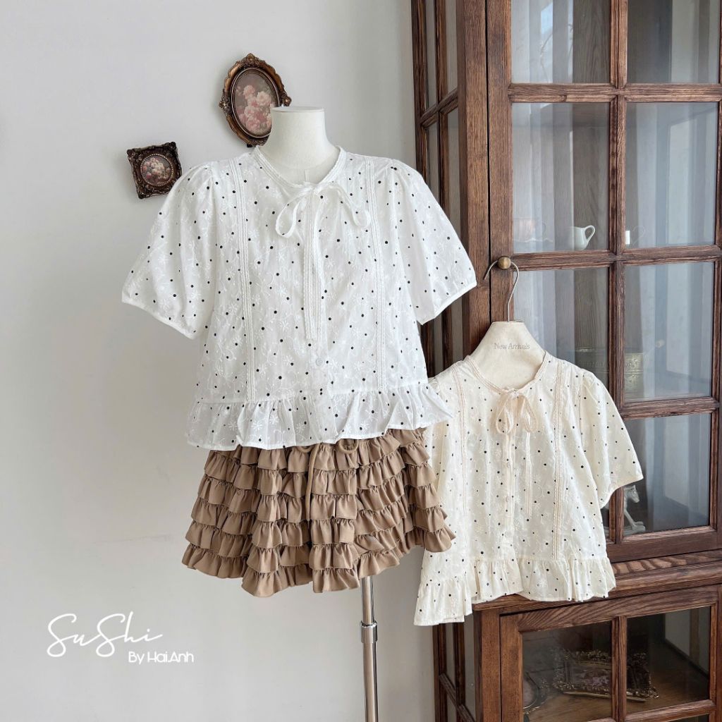 [𝑯𝒂 𝑨𝒏𝒉] Áo Sơ Mi Cộc Chấm Bi Buộc Nơ QCL1