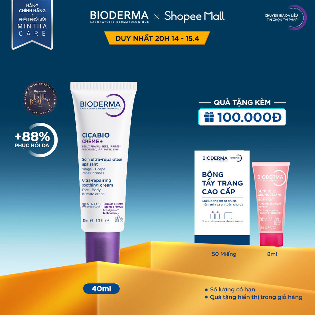 Kem phục hồi da tổn thương và ngăn ngừa sẹo Bioderma Cicabio Crème+ 40ml