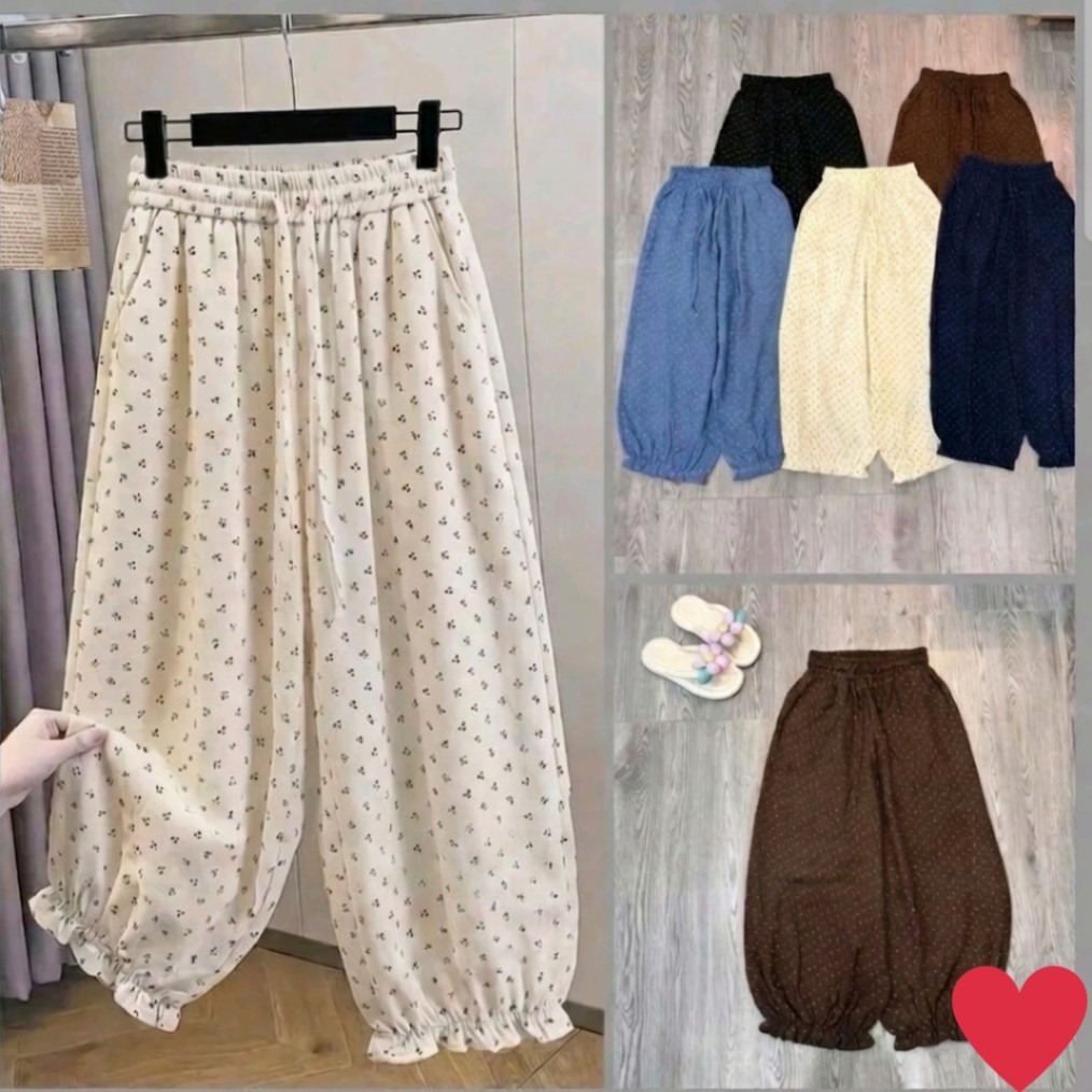 [ Mở Bán ] Quần Hoa Nhí Bom Nữ Ống Rộng Bo Gấu Dáng Thụng Lưng Thun Phong Cách Hàn Quốc