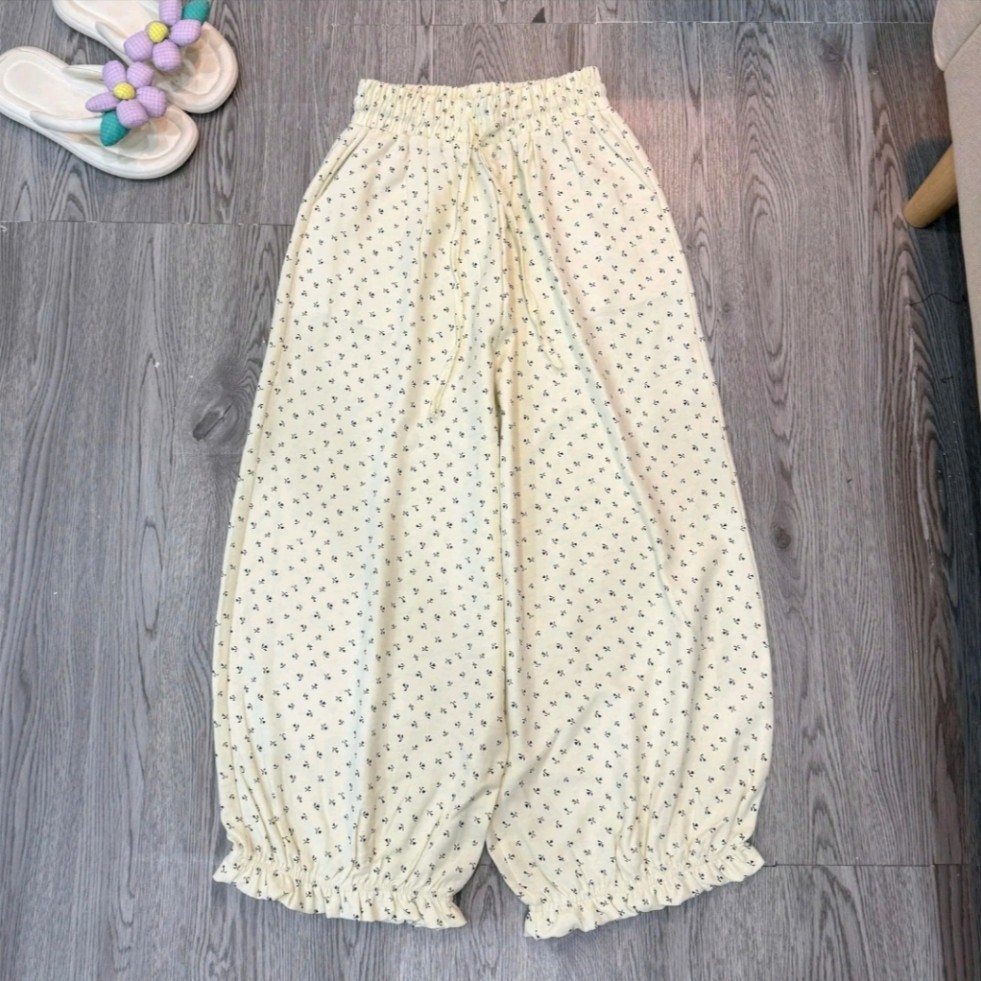 [ Mở Bán ] Quần Hoa Nhí Bom Nữ Ống Rộng Bo Gấu Dáng Thụng Lưng Thun Phong Cách Hàn Quốc