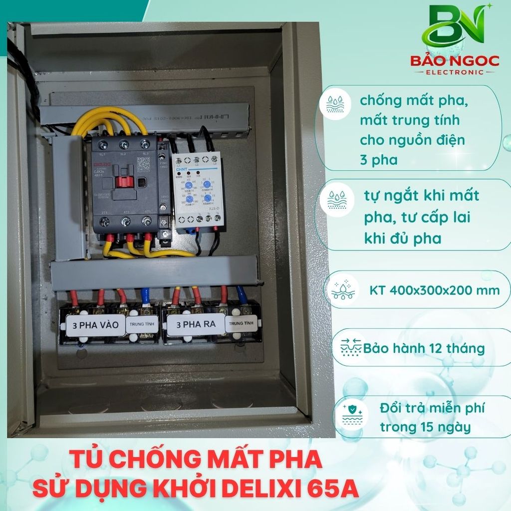 TỦ ĐIỆN CHỐNG MẤT PHA- MẤT TRUNG TÍNH ĐIỆN 3PHA DÙNG MCCB - KHỞI ĐỘNG TỪ DELIXI 65A-100A
