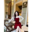 Set đầm nữ nhung đỏ dây nơ ngực có mút váy chữ A kèm khoác ren tay dài sang trọng trẻ trung. đầm xinh Luna