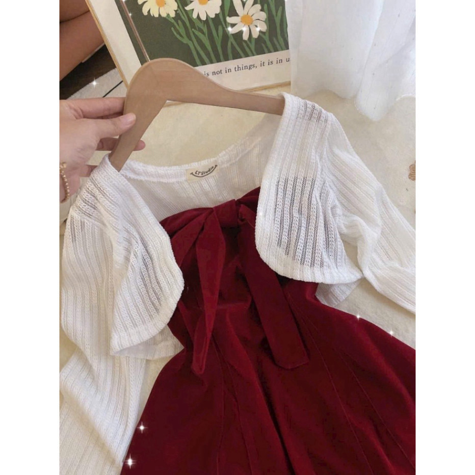 [Luna chọn] Set đầm nữ nhung đỏ dây nơ ngực có mút váy chữ A kèm khoác ren tay dài sang trọng trẻ trung. đầm xinh Luna